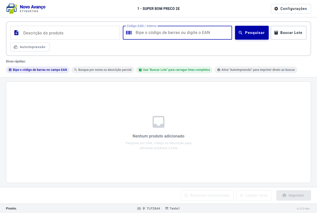 Tela principal do Impressor
