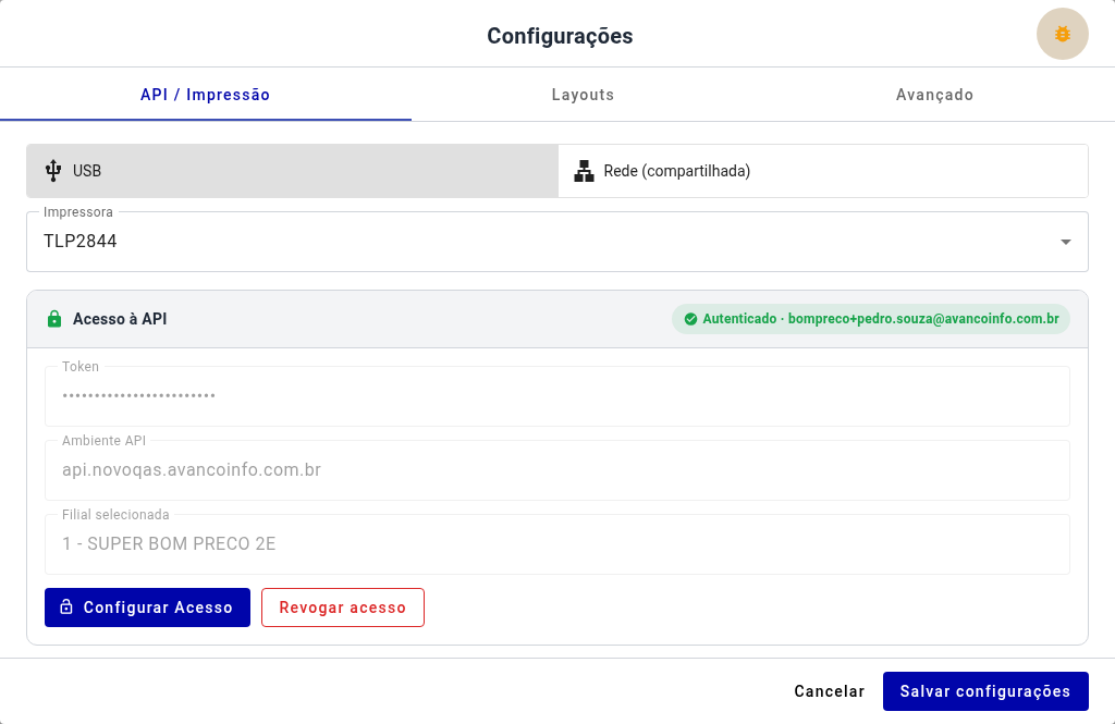 Impressor configurado e autenticado