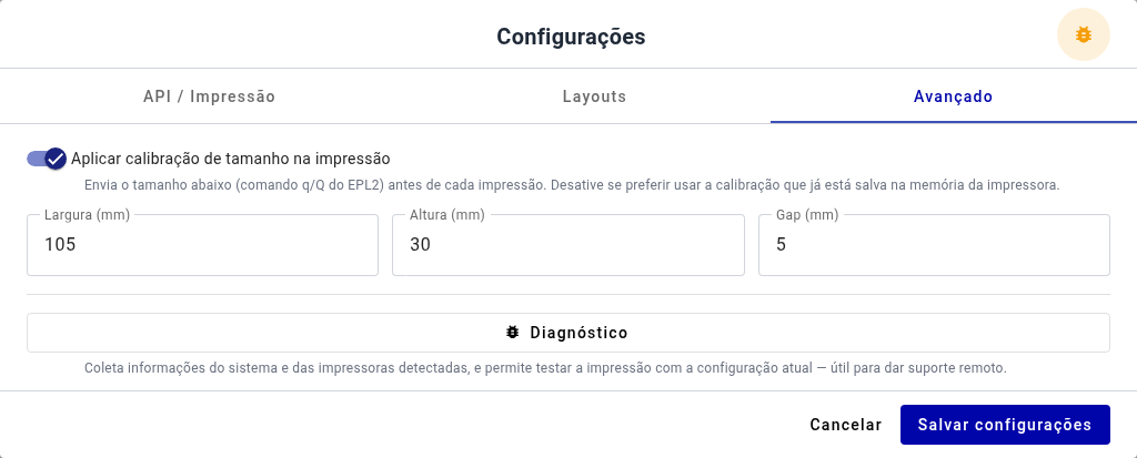 Aba Avançado com calibração e gap